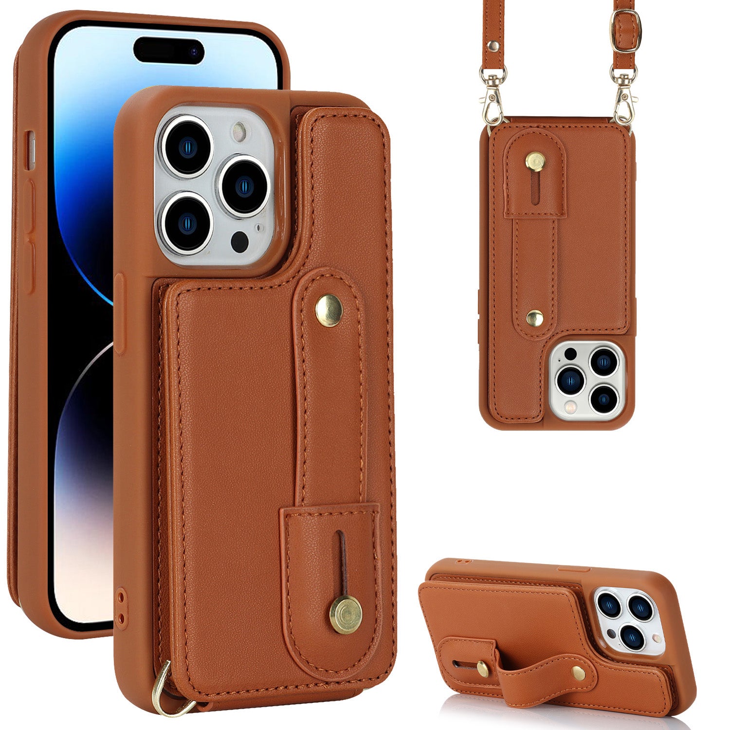 For iPhone 14 Pro Max Wristband Kickstand Phone Case Leather+TPU Cover with Card Holder For iPhone 14 Pro Max Wristband Kickstand Phone Case Leather+TPU Cover with Card Holder